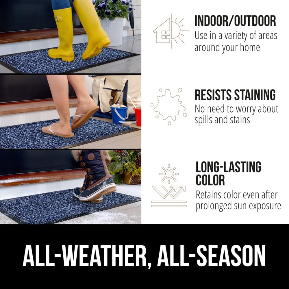 GORILLA GRIP 100% Waterproof All-Season WeatherMax Doormat, US Designed Natural Rubber, Stain and Fade Resistant, Low Profile Indoor Outdoor Door Mats, Easy Clean Patio Mat, 17x29, Navy Greek Keys