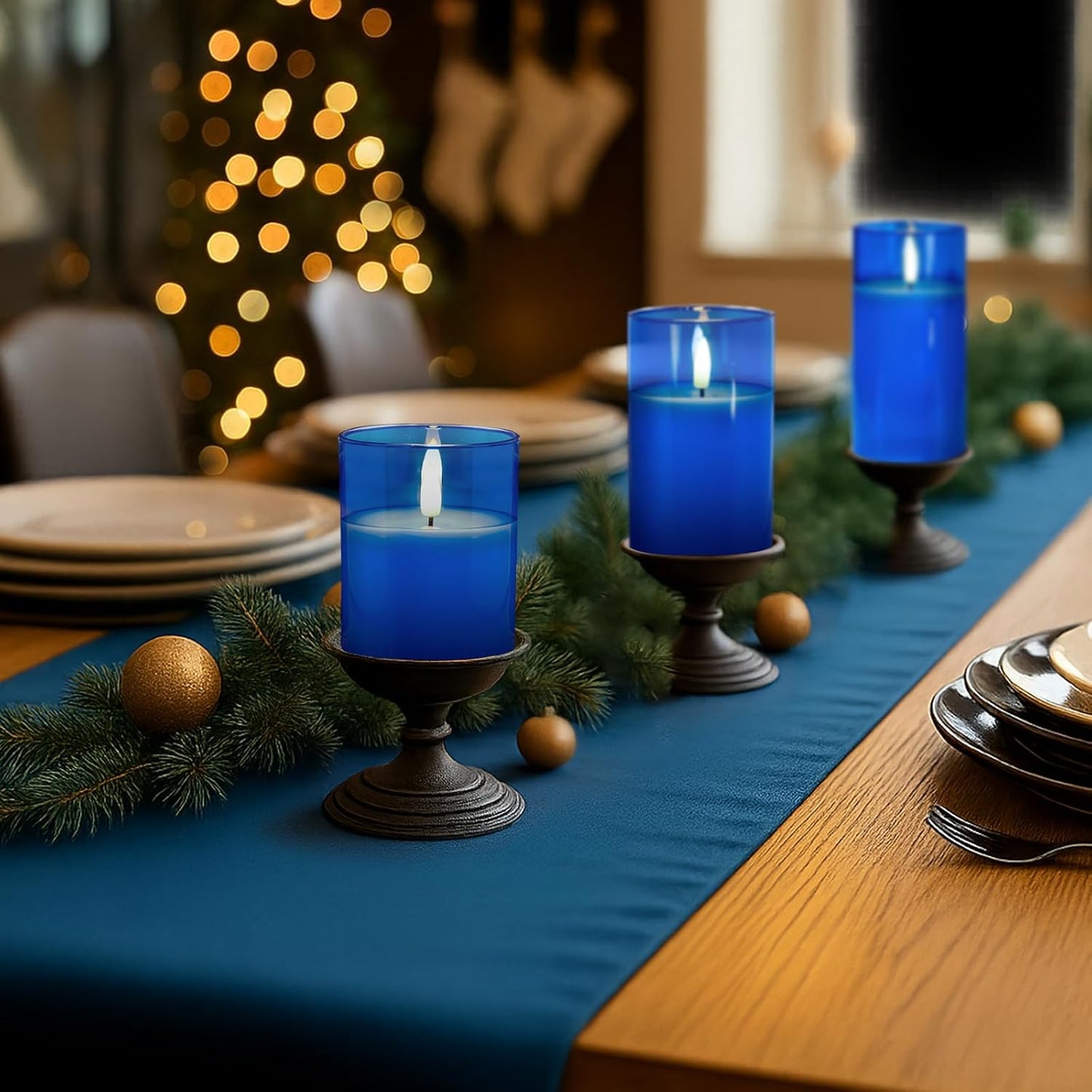 Amagic Blue Glass Flameless Candles with Remote, Battery Operated Candles, Real Wax LED Candles with Timer, Flickering Fake Pillar Candle for Theme Party, Hanukkah Holiday Decor, 3D Wick, Set of 3