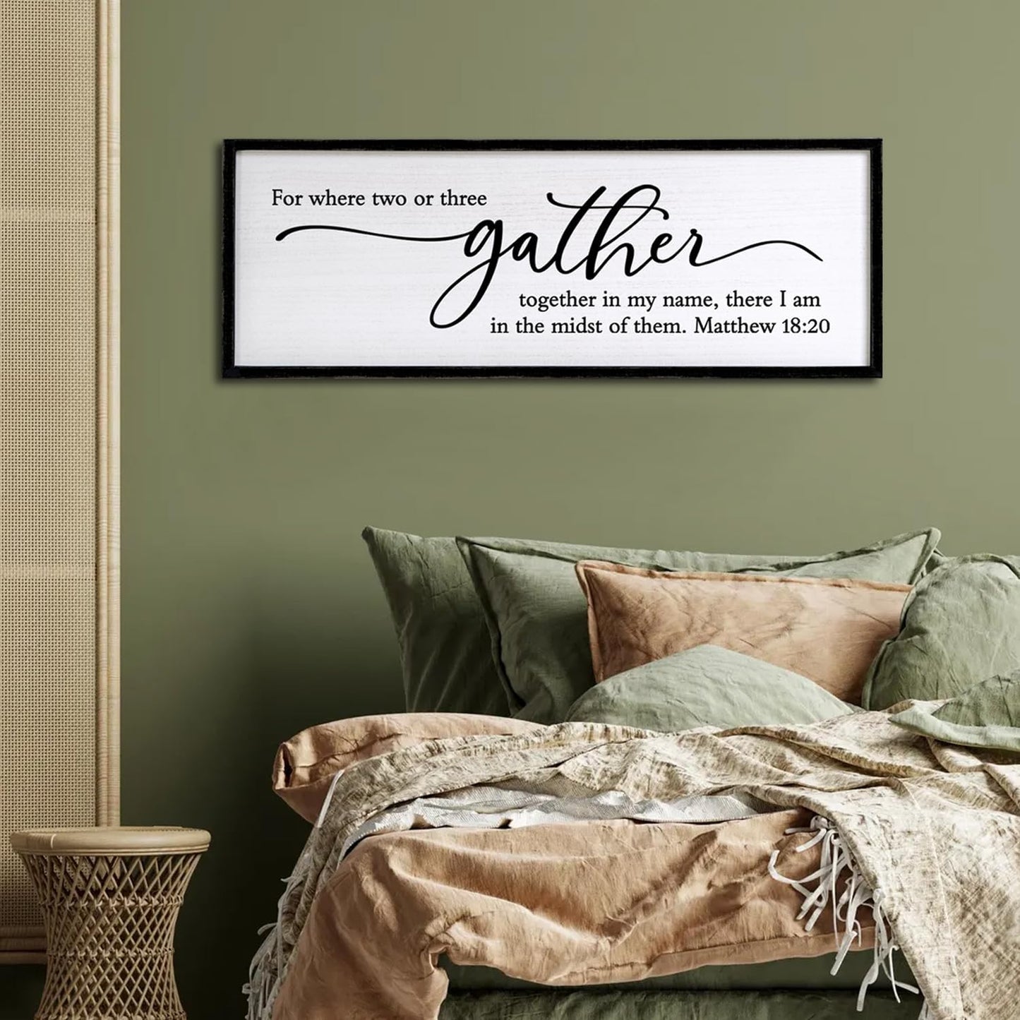For Where Two Or Three Gather Sign Dining Room kitchen Wall Decor Bible Verse Scripture Matthew 18:20 Wooden Frame 32X12 Inch for Christian Family Hanging Art (Black)