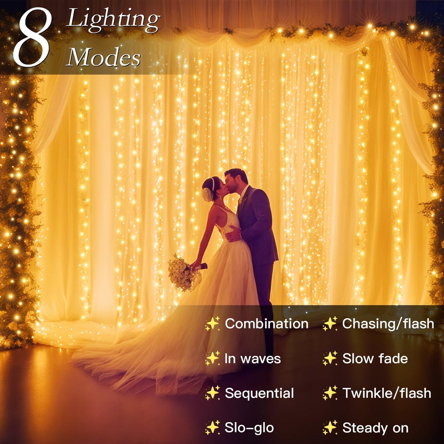 200 LED Curtain String Lights 9.8 * 6.6FT Plug in Fairy with Timer and 8 Modes, Waterproof Window Wall for Bedroom Wedding Party Indoor Outdoor Christmas Decor