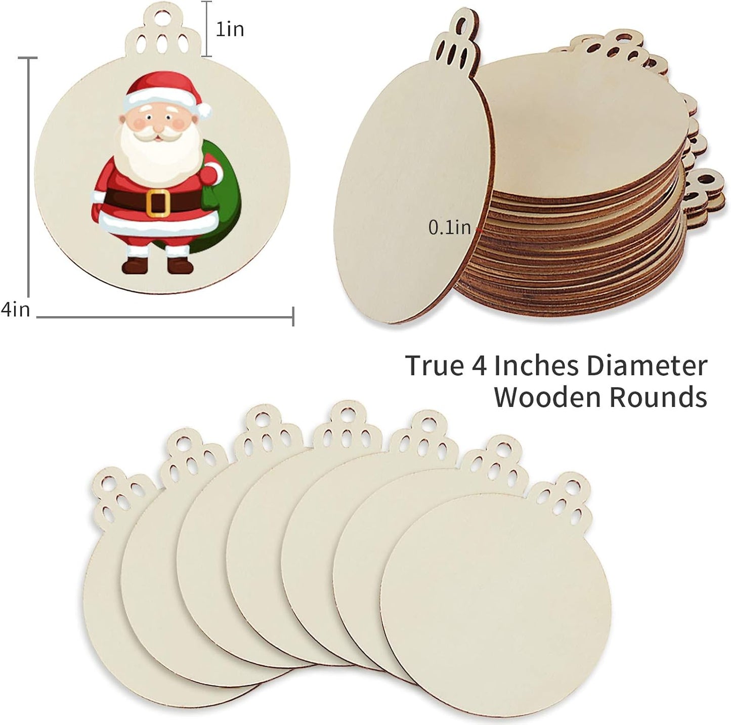 Fuyit 100Pcs 4 Inch Wooden Christmas Ornaments Unfinished Predrilled Wood Slices with Holes, Uniform Wood Round Circles Blank Discs for DIY Crafts Party Decorations
