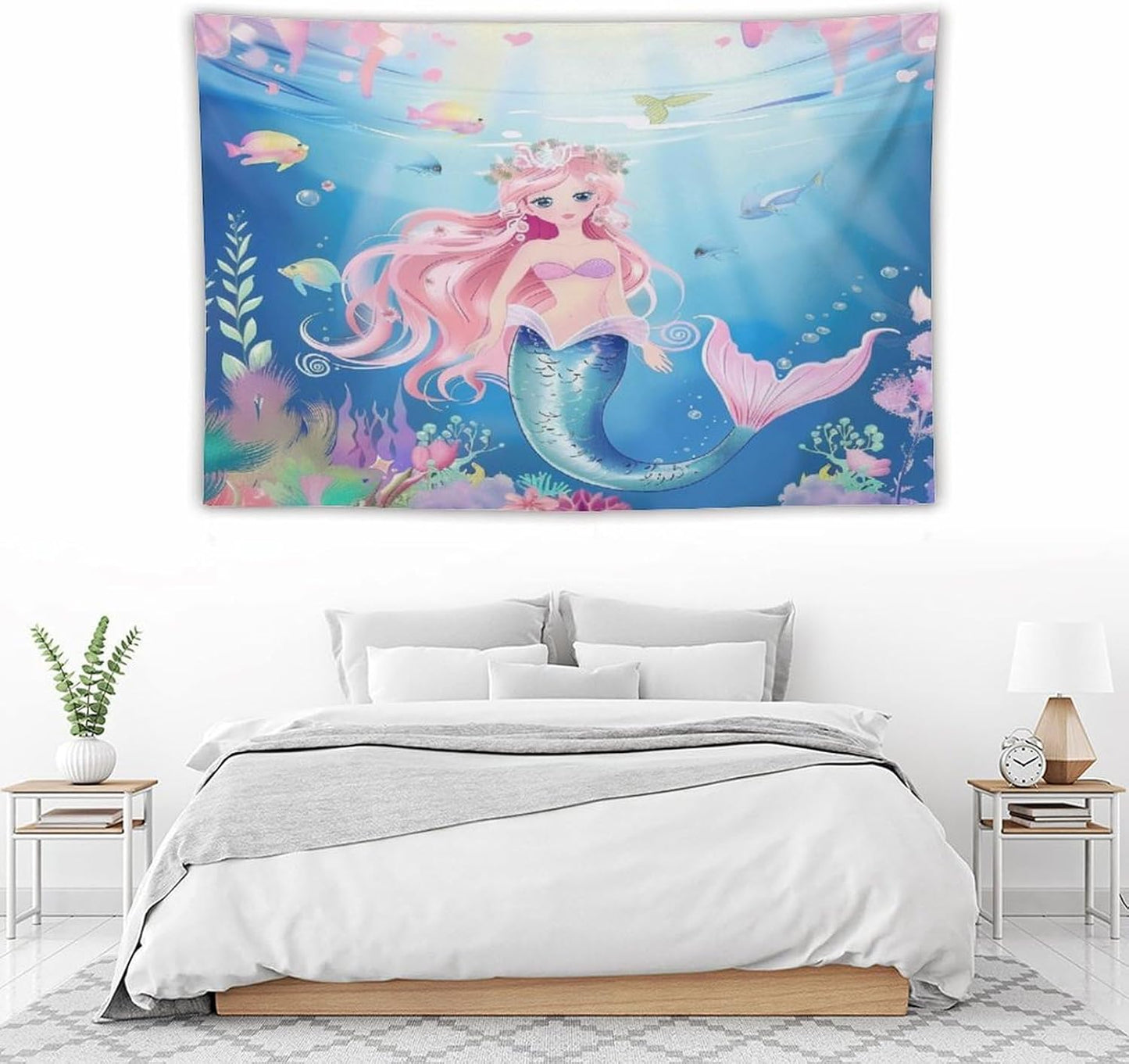 HZOHNAGO Mermaid Girls Tapestry Watercolor Mermaid Princess Pattern Printed Wall Tapestry Wall Hanging for Bedroom Living Room Dorm 90" W x 60" H