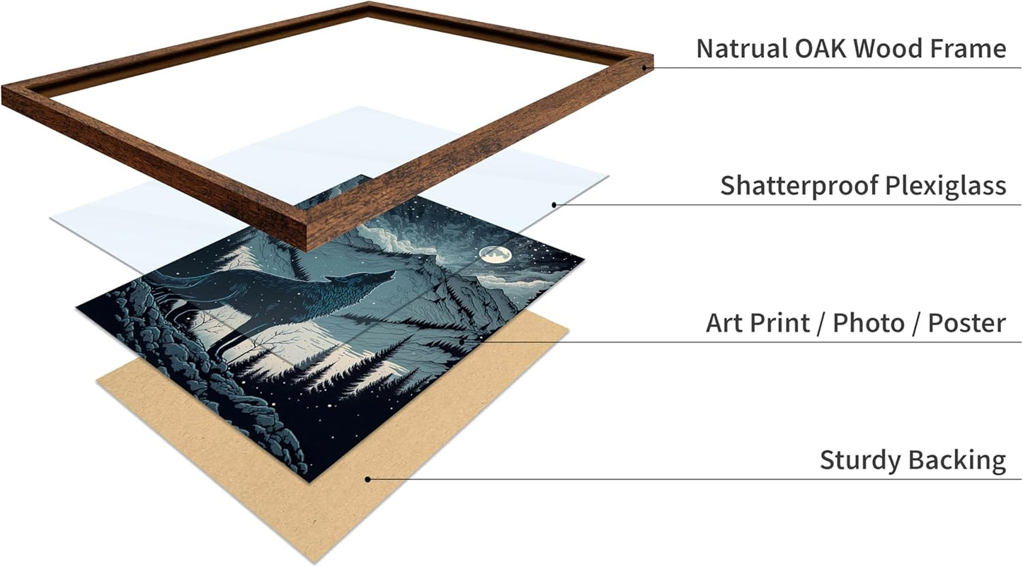 Poster Master Vintage Illustration Poster - Retro Animal Print - Gift for Artist, Friend - Wolf Howling at the Moon, Mountain, Snow, Landscape - Wall Decor for Home, Office, 11x14 Brown Framed