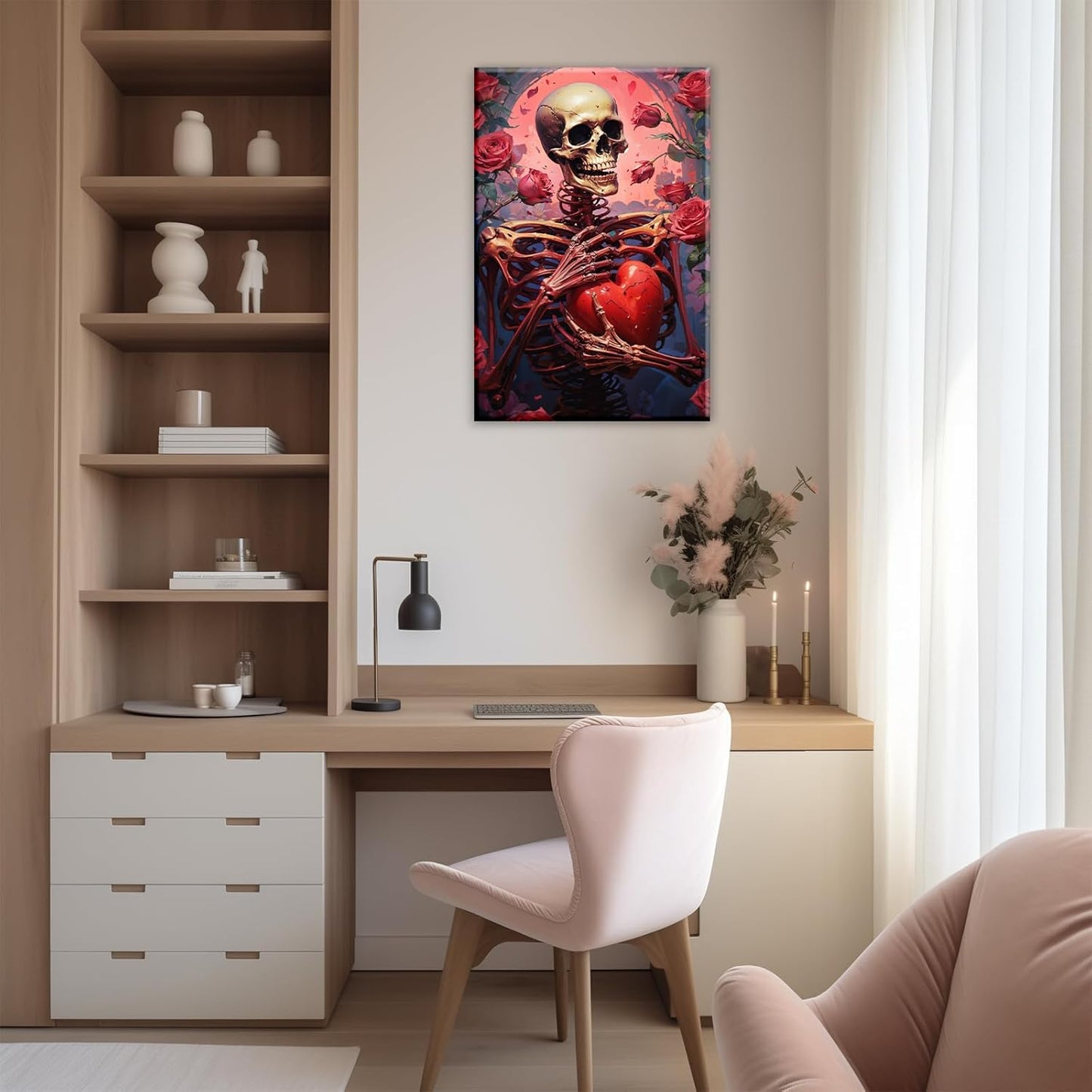 OAAPITI Skull Skeleton Canvas Wall Art Skull Holding Heart Picture Print Romantic Theme Painting Artwork Gothic Poster Wall Decor Living Room Halloween Decor(Artwork-1,12"x18")