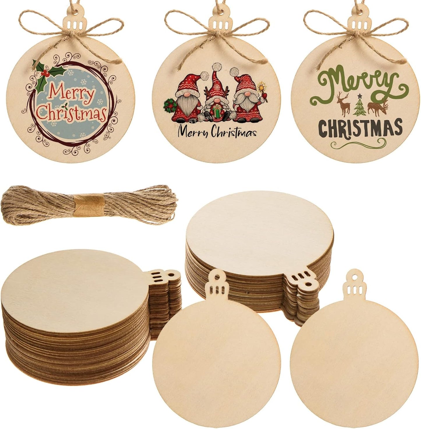 120 Pcs Wooden Christmas Ornaments Unfinished Wooden Circles with Holes Blank Round Wood Discs Slices Wooden Christmas Hanging Ornaments with Twine for DIY Crafts Present Tags Xmas Party Decor,3.1x4