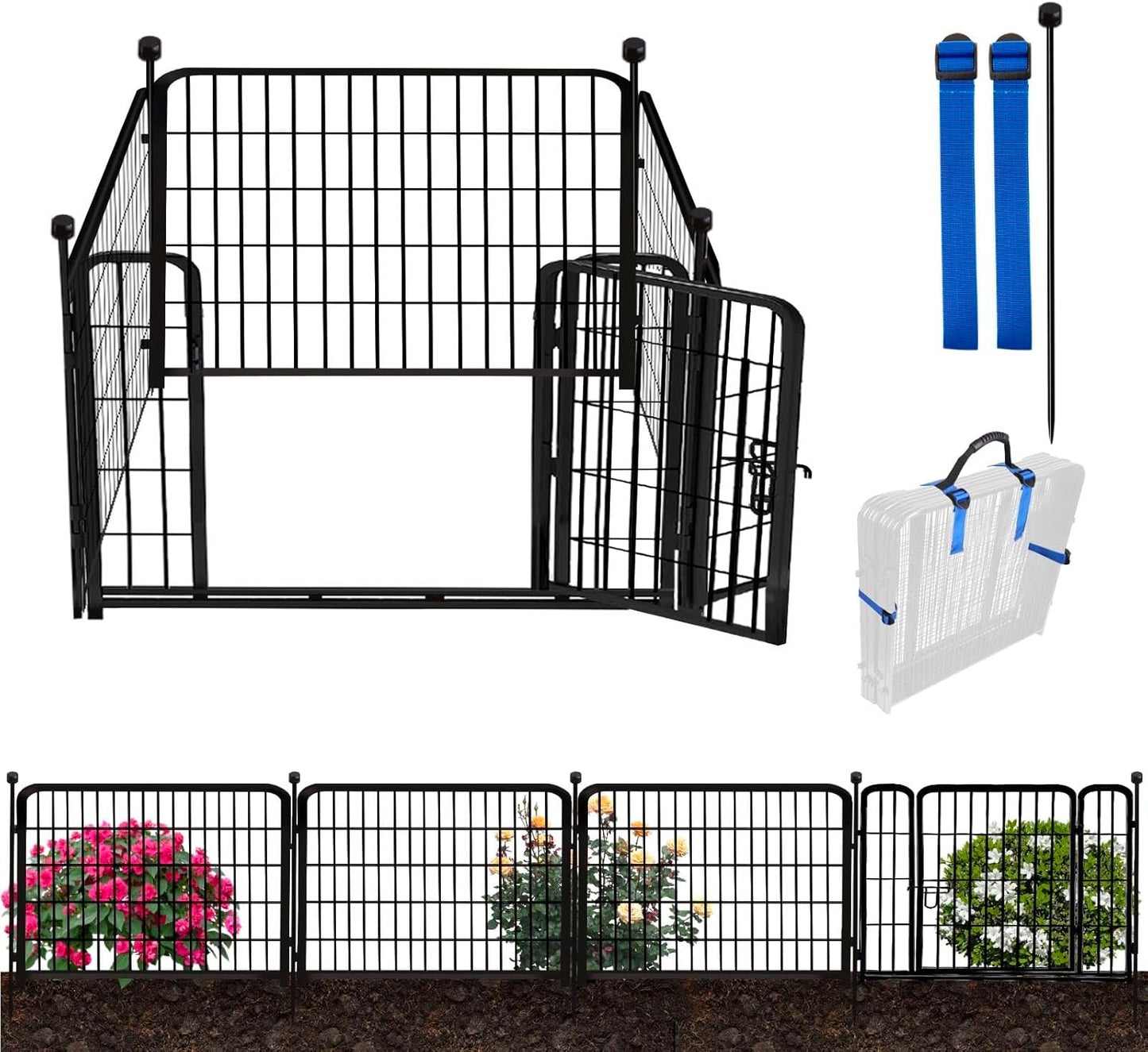 ADAVIN Dog Playpen Outdoor, 24in(H) x 9.8Ft(L) 4 Panels Animal Fence for Yard, Low Threshold Gate,Black Metal Garden Fencing, Temporary Fence for Puppy and Small Dogs, Dog Play Pen for RV Camping