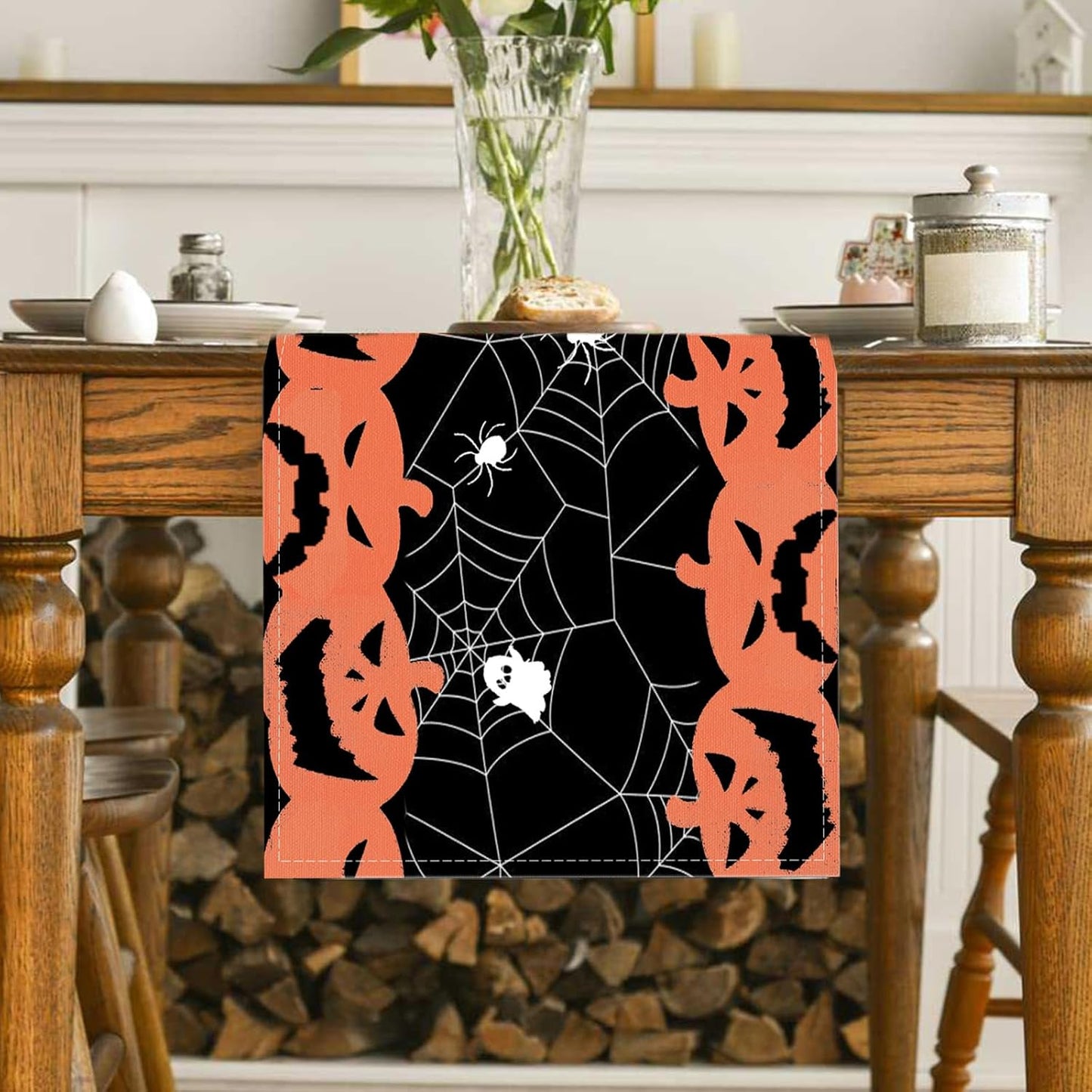 Halloween Long Table Runner Black and Orange Pumpkin Spider Web Table Linen Runner Kitchen Dining Table Runner Halloween Table Decoration for Holiday Indoor Outdoor Home Party Decor 13 x 72 Inch