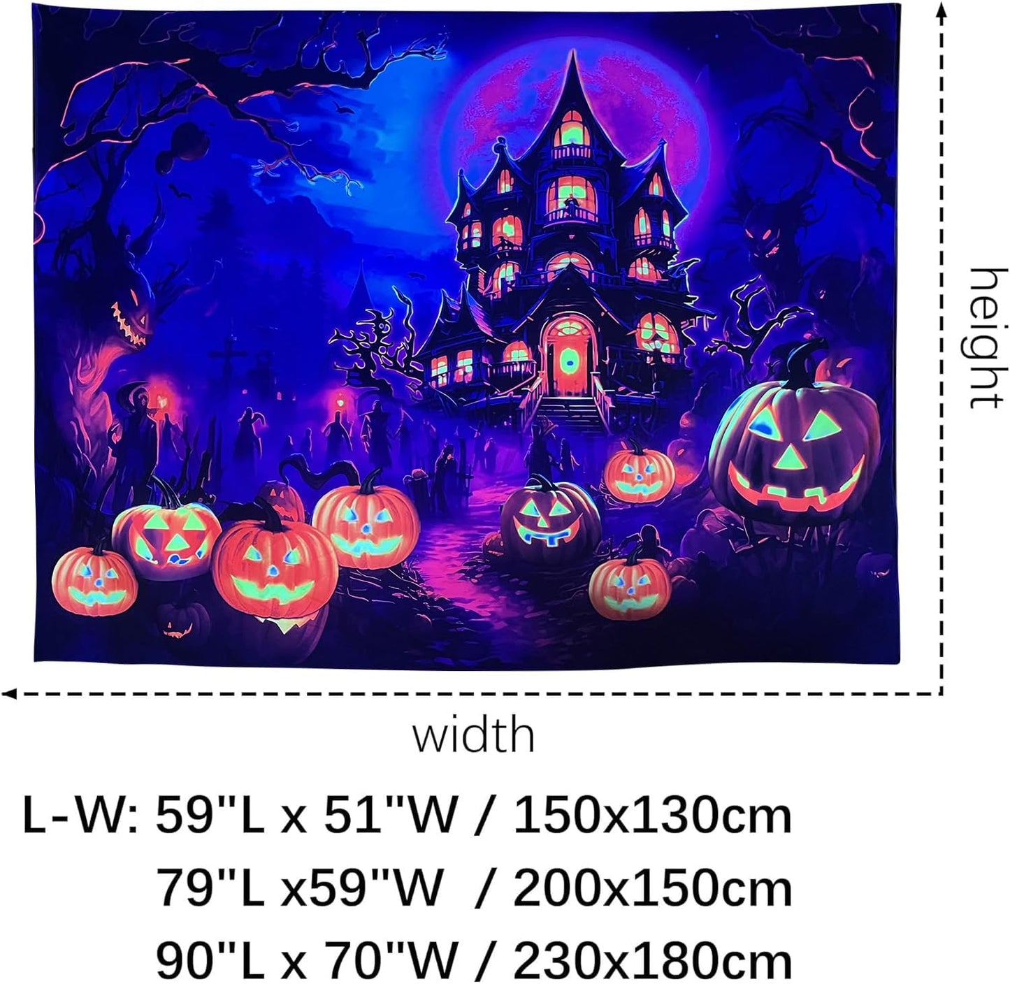 OSVINO Blacklight Halloween Castle Tapestry 59"x51" Pumpkins Ghosts Background Bedroom Aesthetic Hippie Room Decor Glow in The Dark Wall Poster for Halloween Easter