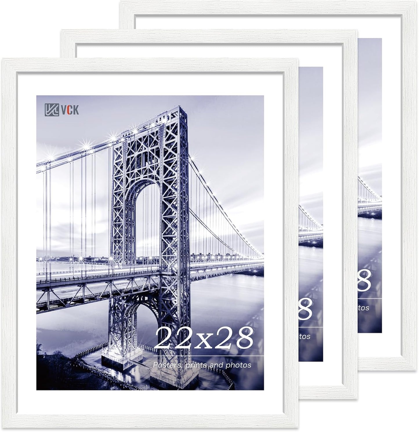 VCK 22x28 Poster Frame Set of 3 - White,Solid Wood Picture Frames, Textured Exclusive Wall Gallery Frame