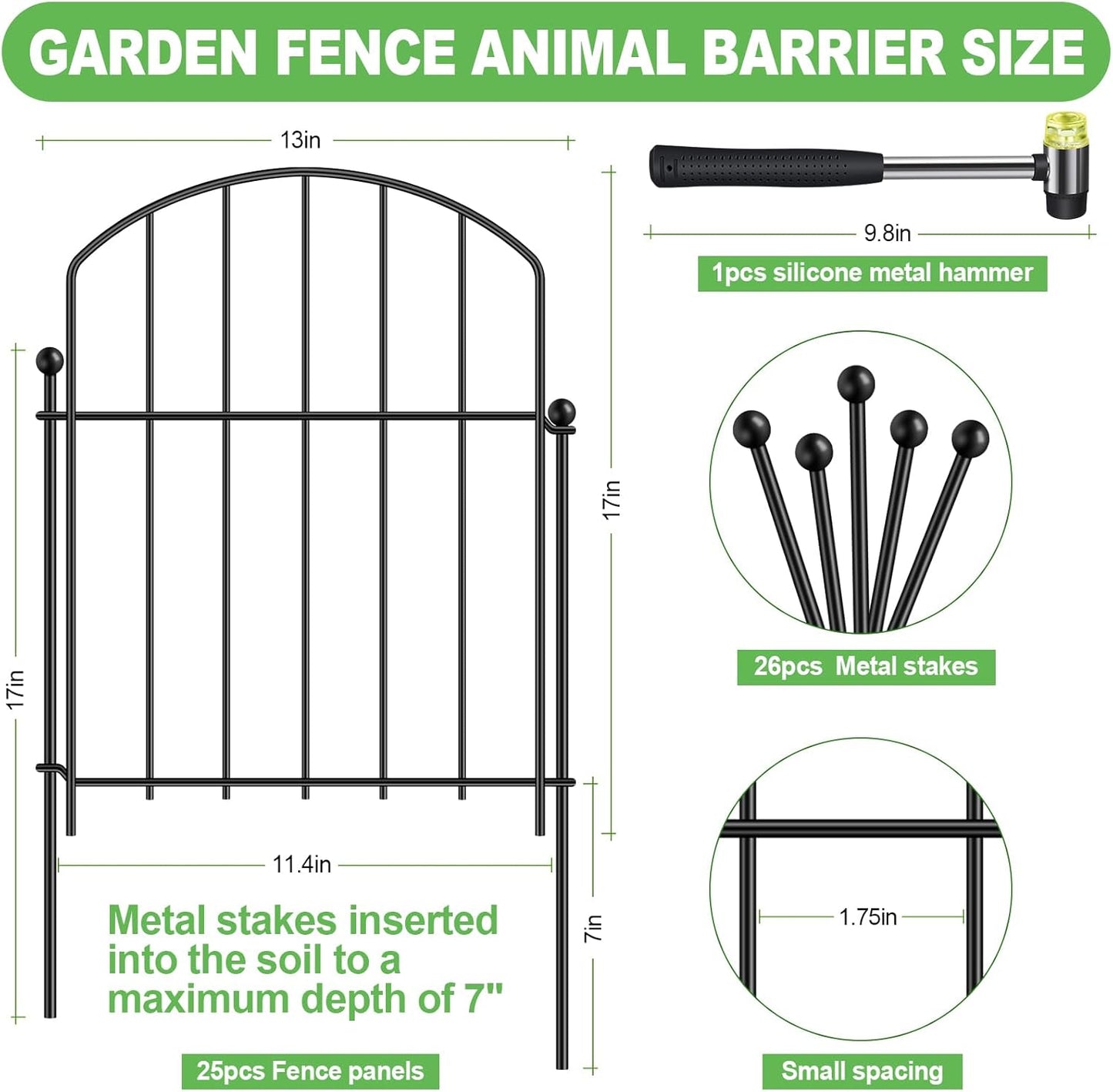 Decorative Garden Fence, 17in x 25ft, Metal Animal Barrier, 25 Pack, Arched Flower Bed Border, Rustproof Dog and Rabbit Defense and Dog Ground Defense No-Dig Fence for Patio Patio Outdoor