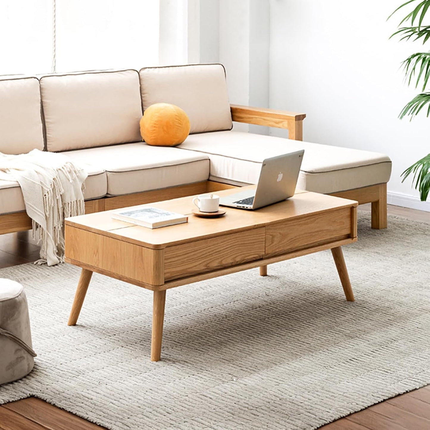 100% Solid Wood Lift Top Coffee Table for Living Room, Mid Century Modern Tables with Drawers and Large Storage, Oak Coffee Tables for Small Spaces (Oak Wood Log, 47.24" W x 23.62" D x 25.59" H)