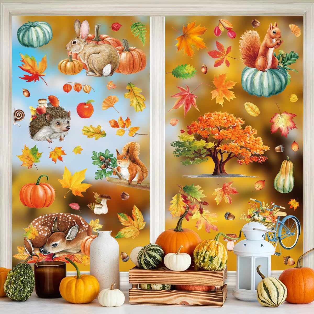 Fall Window Clings 9 Sheets Large-Size Window Clings for Glass Windo Decoration Autumn Leaves Animals Woodland Home Bedroom Nursery Room Windo Decals