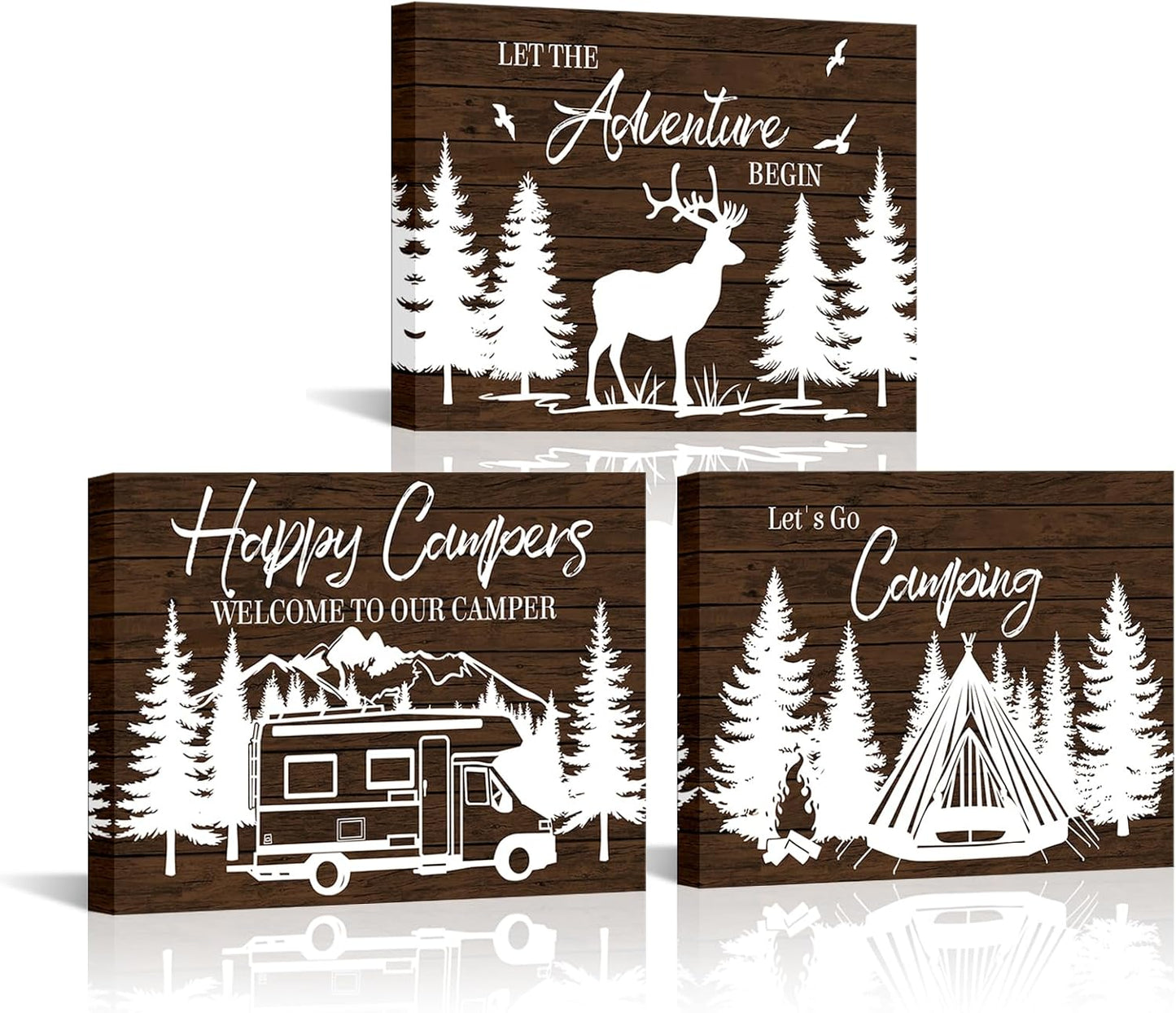 HOMEOART Camper Decor RV Wall Art Happy Campers Adventure Camping Wall Decor Sign, Deer in Forest Farmhouse Cabin Decoration,Framed 12x16inchx3Piece, Rustic Brown