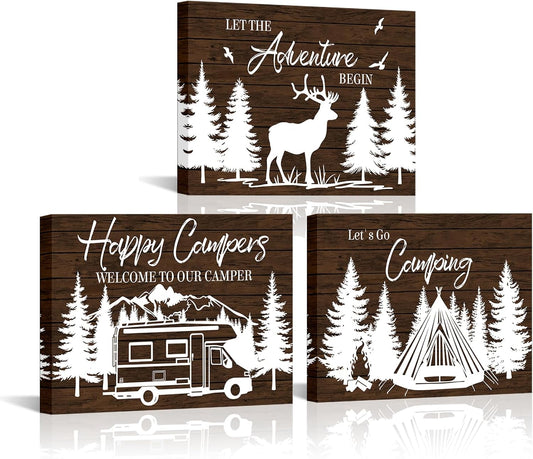 HOMEOART Camper Decor RV Wall Art Happy Campers Adventure Camping Wall Decor Sign, Deer in Forest Farmhouse Cabin Decoration,Framed 12x16inchx3Piece, Rustic Brown