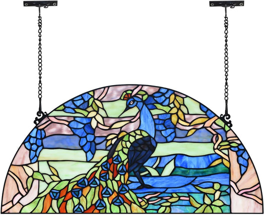 Bieye W10093 Peacock in Garden Tiffany Style Stained Glass Window Panel for Home Decor (Blue, 24Wx12H Half-Round)