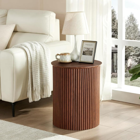 AVZEAR Fluted Round Side Table Small Mid Century End Table, 17.7" Fluted Nightstands Modern Circle Bedside Tables, Wood Night Stand for Small Spaces, Living Room, Bedroom (Rustic Walnut)