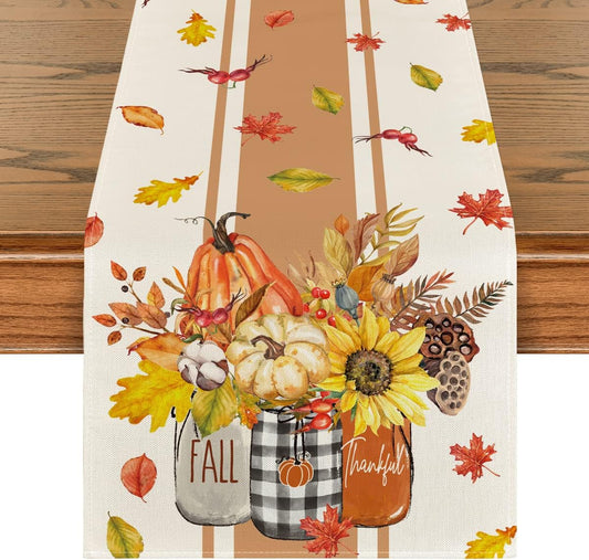 Artoid Mode Thankful Fall Pumpkin Leaves Floral Vases Table Runner, Autumn Thanksgiving Kitchen Dining Table Decoration for Home Party Decor 13x120 Inch