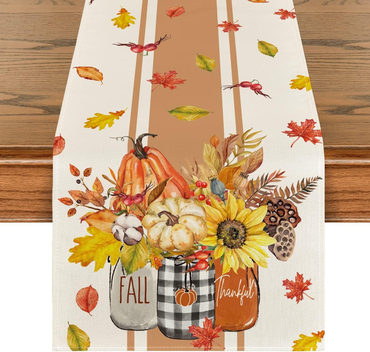 Artoid Mode Thankful Fall Pumpkin Leaves Floral Vases Table Runner, Autumn Thanksgiving Kitchen Dining Table Decoration for Home Party Decor 13x60 Inch