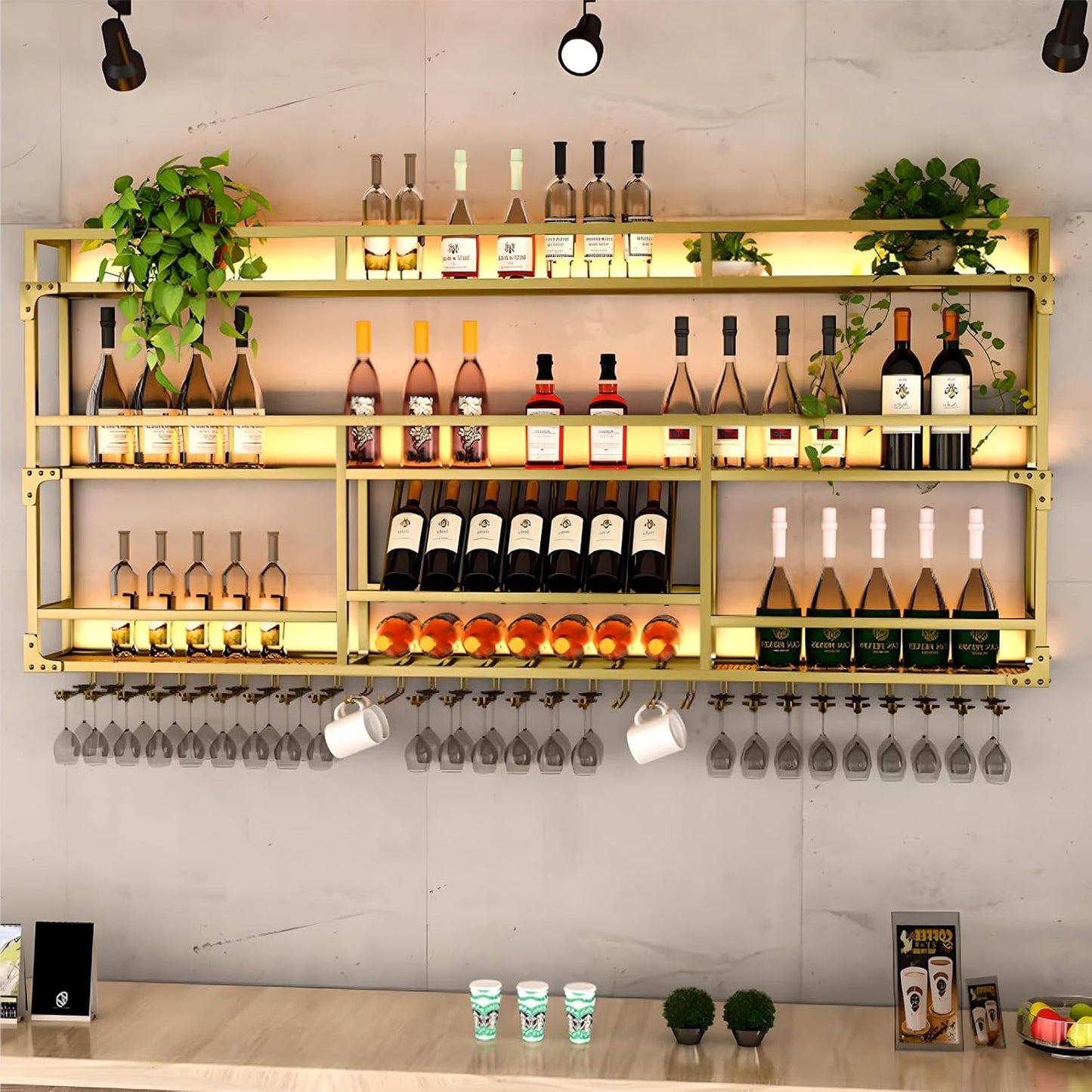 47.2in Wall Mounted Wine Rack, Wine Rack Wall Mounted With Wine Glass Rack, Metal Bar Bottle Display Shelf Wine Cups Hanging Holder, For Home Bar Cafe Dining Room Decoration (GOLD, 47.2*10*35.5inch)