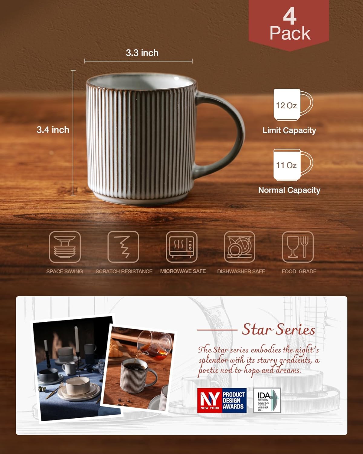 famiware Coffee Mug Set for 4, Star 12 oz Catering Mugs Cup Set with Handle for Coffee, Tea, Cocoa, Milk - Ceramic Stoneware Drinkware Set, Smoky Blue