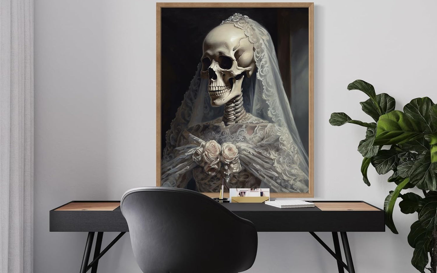 Skull Gown Poster Art Print, Halloween Scary Vintage Wall Art Academia Spooky Painting Decoration for Horror Prints, Gothic Posters Bedroom Decor 89 (Skull Gown, 8 x 10 inches, Wood Frame)