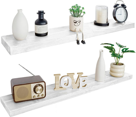 BGMG Floating Shelves for Wall 48 inch Long,Rustic Solid Wooden Deep Wall Shelves for Bathroom Living Room Bedroom Kitchen Farmhouse Set of 2-48x6.7x1.25 inch- White