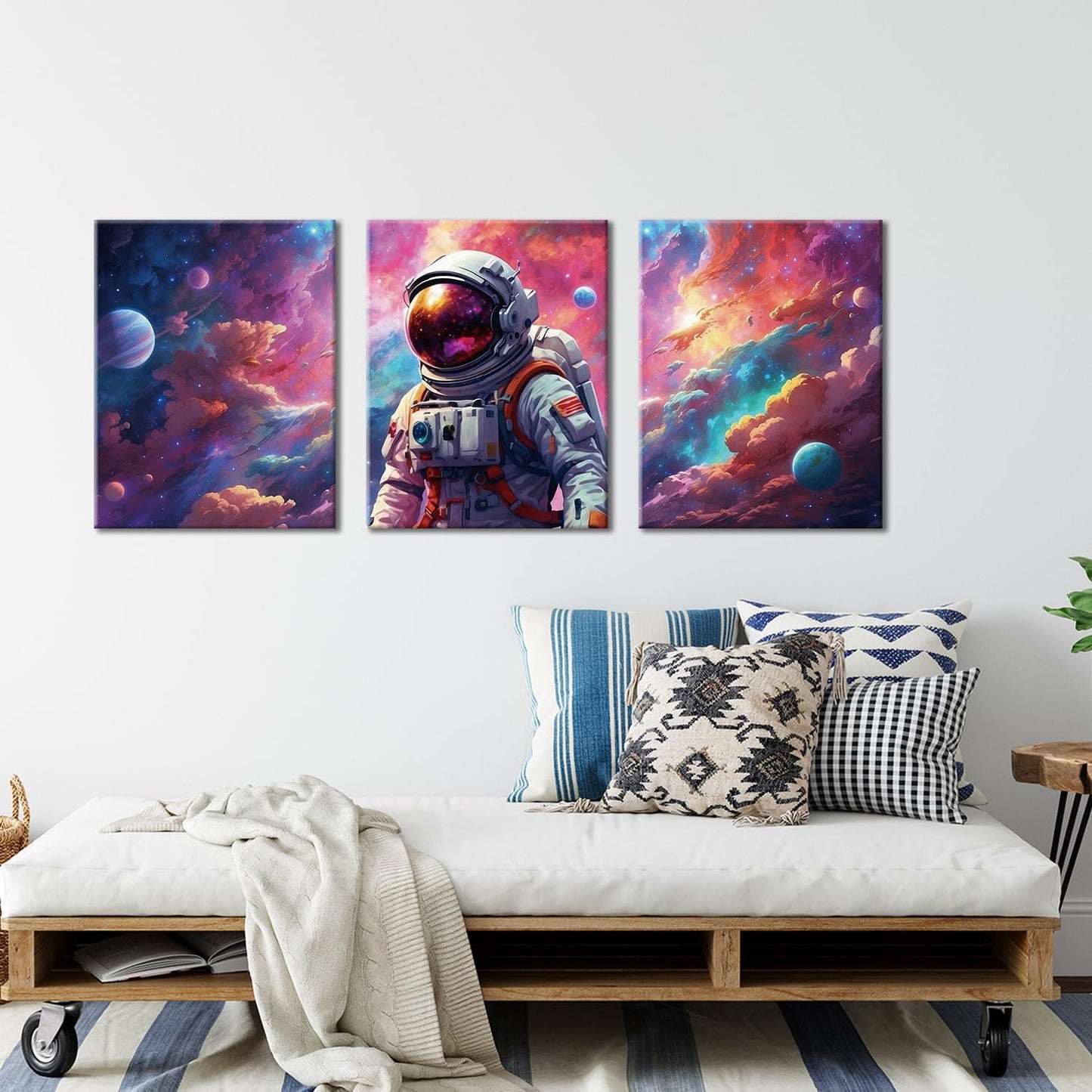 Outer Space Room Decor Astronaut Wall Art Canvas Prints Framed Artwork Space Themed Bedroom Playroom Nursery Decorations, Teen Boy Girl Room Decor, 3 Panels