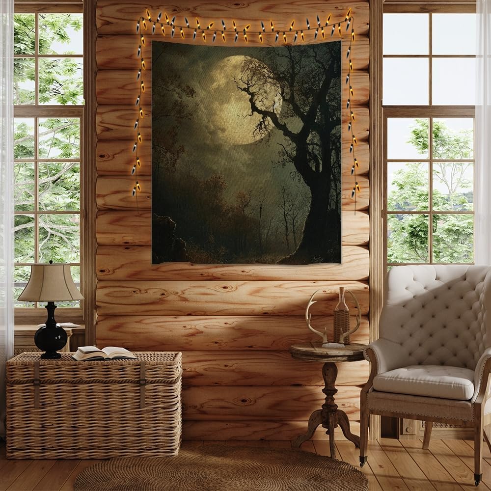 Moon Tapestry Halloween wall Decor Vintage Dark Academia Bedroom Tapestries Retro Art Aesthetic Wall Tapestry for Bedroom Dorm Living Room white