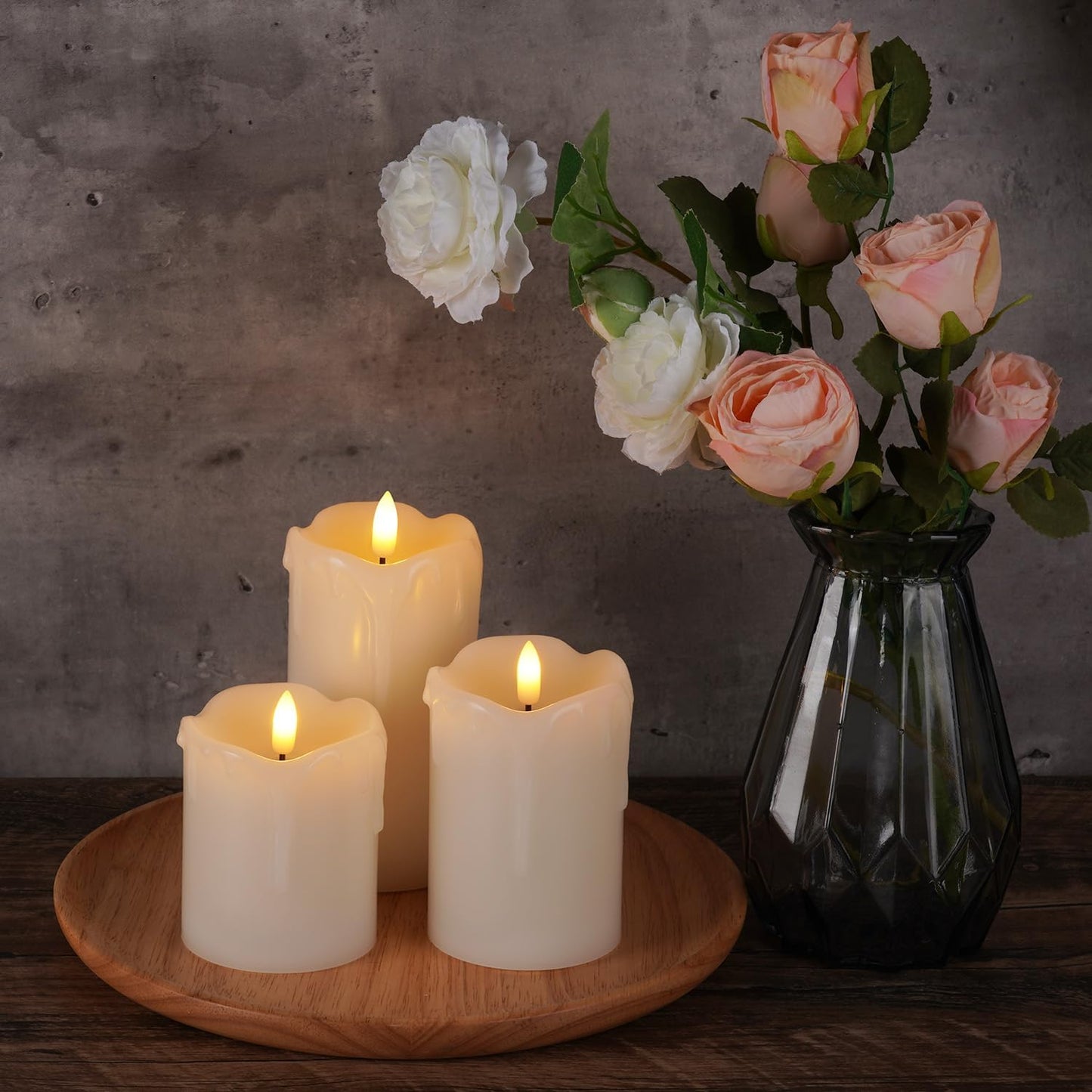 Homemory Dripping Wax Flameless LED Pillar Candles, Battery Operated with Remote Control and Timer, Set of 3, 5" H x 4" W x 6" D
