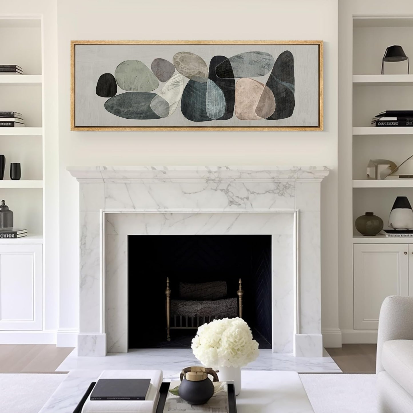 MUDECOR Large Framed Canvas Print Wall Art Abstract Elegance Contemporary Stone Shapes Illustrations Antique Retro Fine Art Illustrations Decorative Colorful for Bedroom - 60"x20"