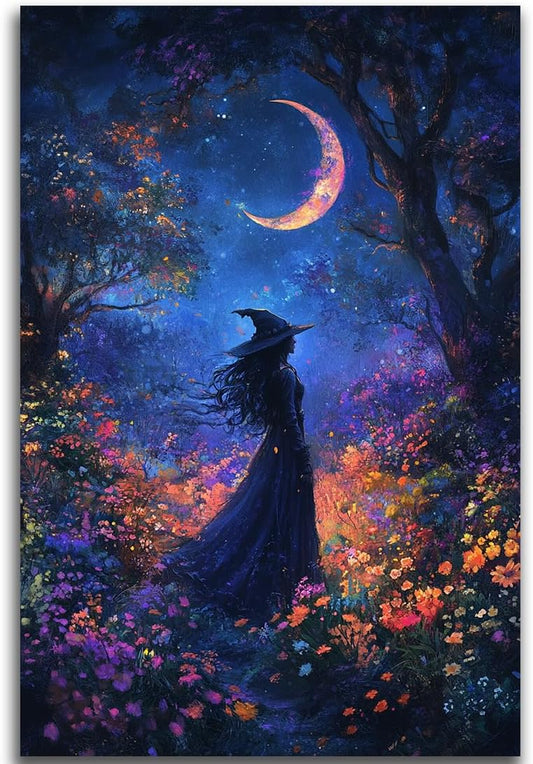 Vintage Halloween Witch Decor Mystic Gothic Wall Art Poster,Enchanting Witch Fall Whimsical Wildflowers Woodland Forest Crescent Moon Picture Art,Creepy Witchy Home Decor,20"x30" Unframed