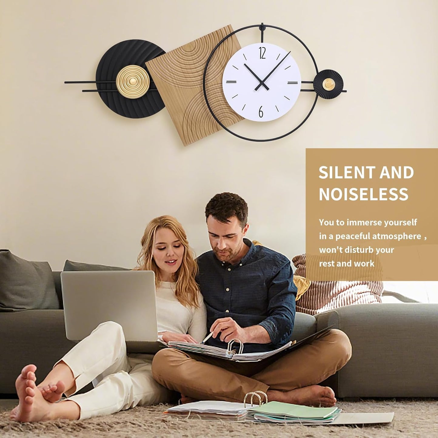 37.7X21Inch Large Modern Wall Clock Geometric Dial-Solid Wood Metal Frame Silent Non Ticking Wall Clocks for Living Room, Bedroom Decoration, Contemporary Home Wall Decor Gift Idea