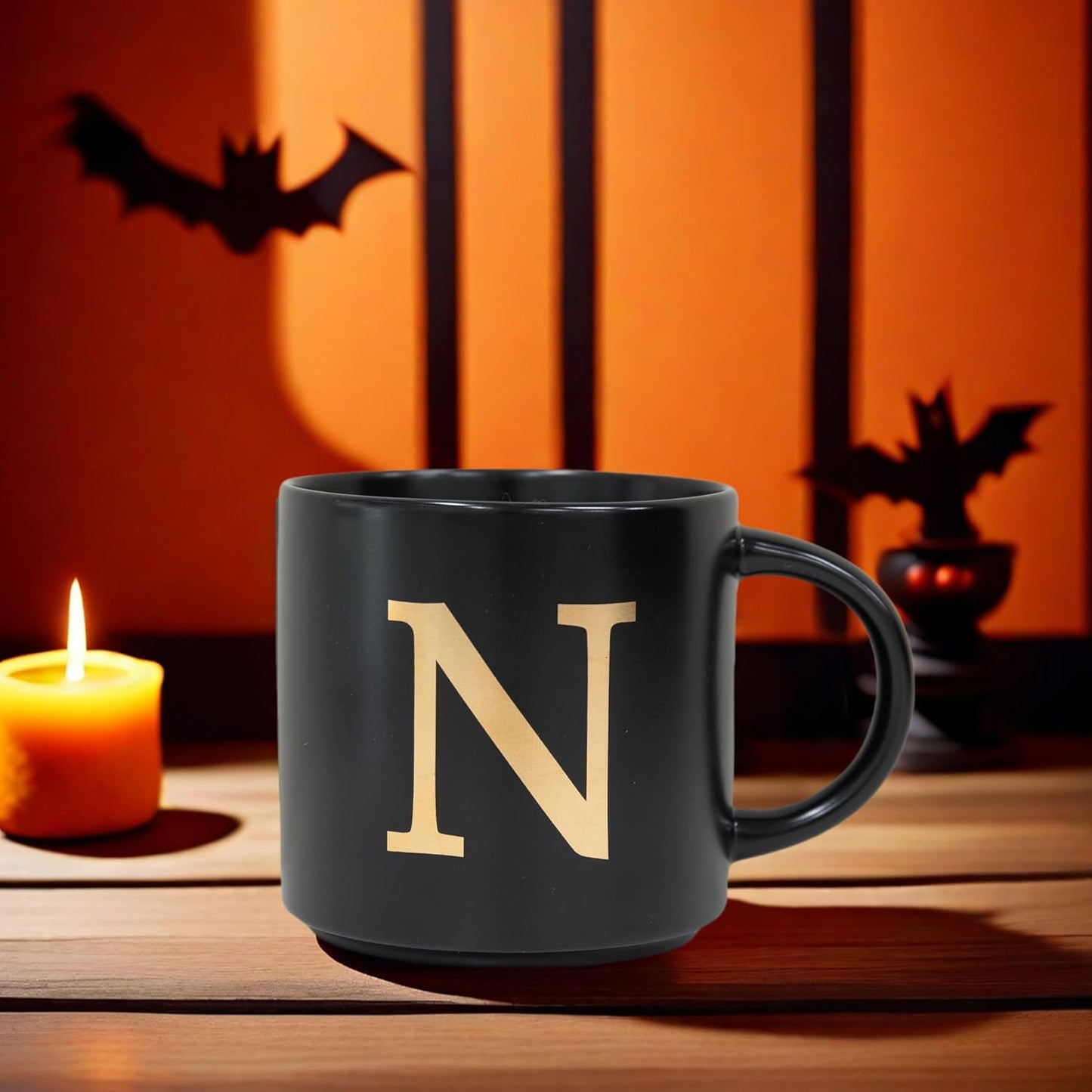 COLLECTIVE HOME - Monogram Ceramic Mugs, 15 oz Golden Initial Black Coffee Cups, Elegant Alphabet Tea Mugs, Elegant Personalized Mug with Gift Box, Unique Mug with Double Side Capital Lette (N)