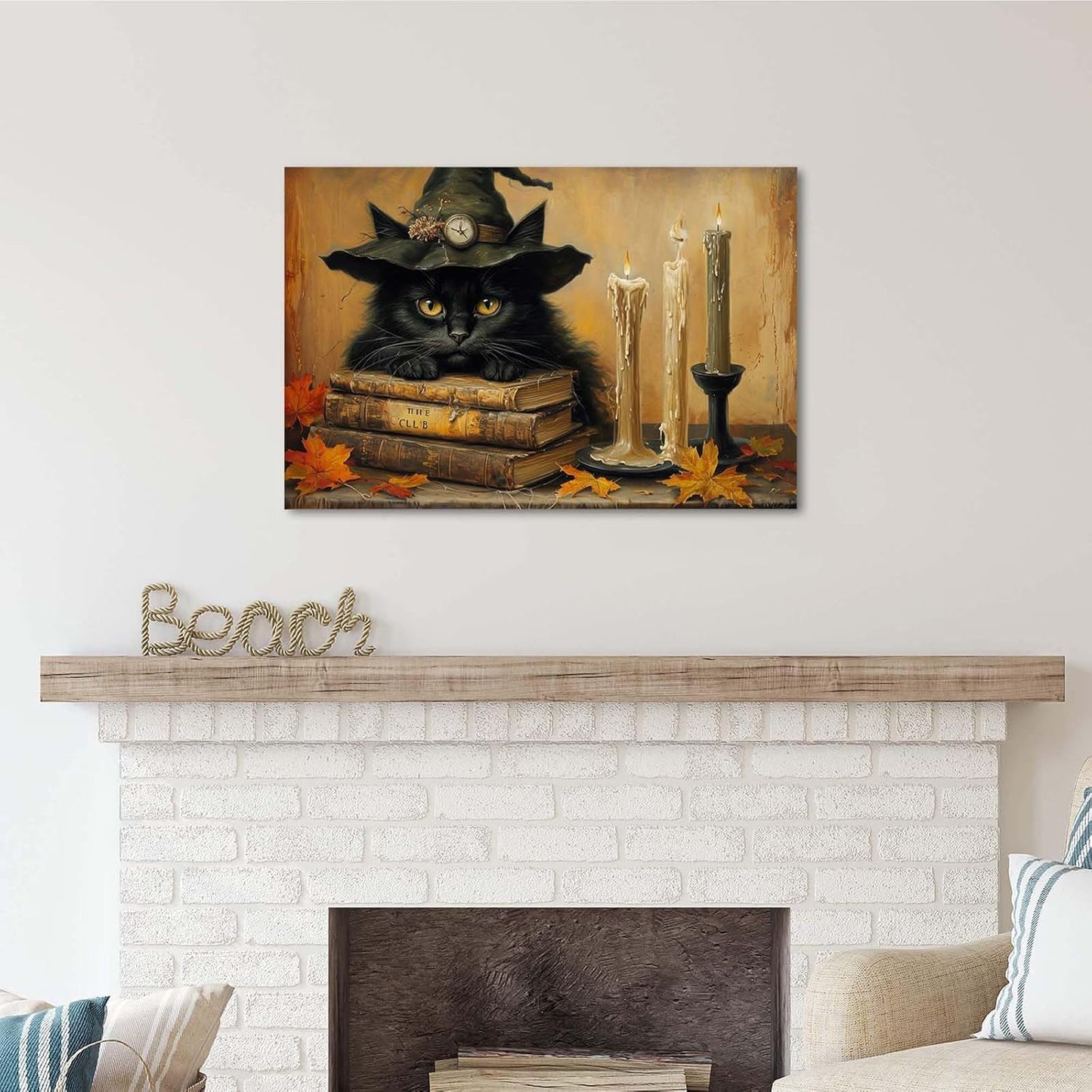 Vintage Halloween wall decoration black cat and magic book suitable for home bedroom living room decoration dark classic art witch wall decoration16x24in Wood Framed