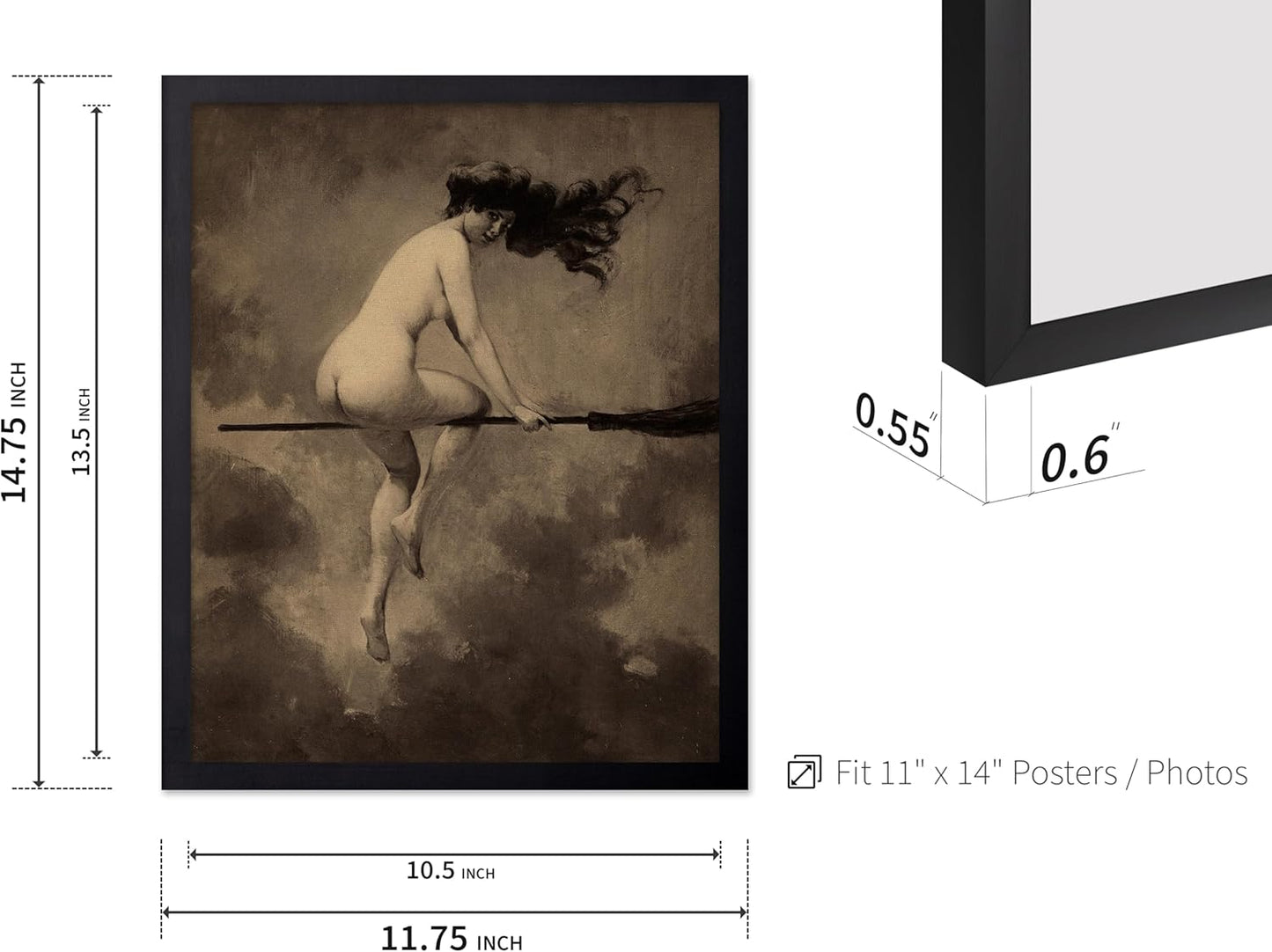 Poster Master Vintage Albert Joseph Penot Poster - Retro Halloween Print - Gift for Artist, Friend - Departure for the Sabbath, Naked Witch on Broom - Wall Decor for Bedroom, 11x14 Black Framed