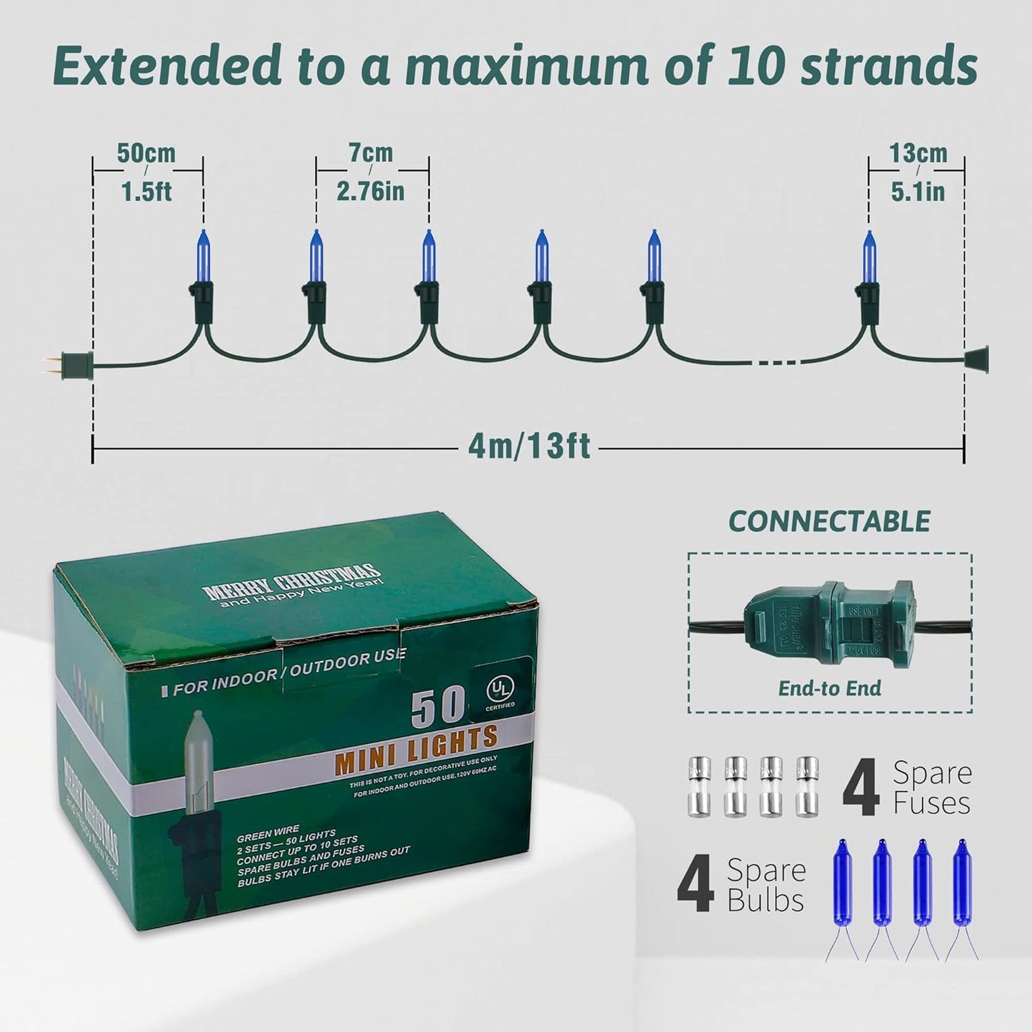 woohaha Christmas Lights Indoor Outdoor,2PACK 13FT 50-Count Lights Incandescent Mini Halloween String Light,120V UL Certified Green Wire Light for Xmas Tree,Patio,Holiday,Party,Home,Garden Decor,Blue