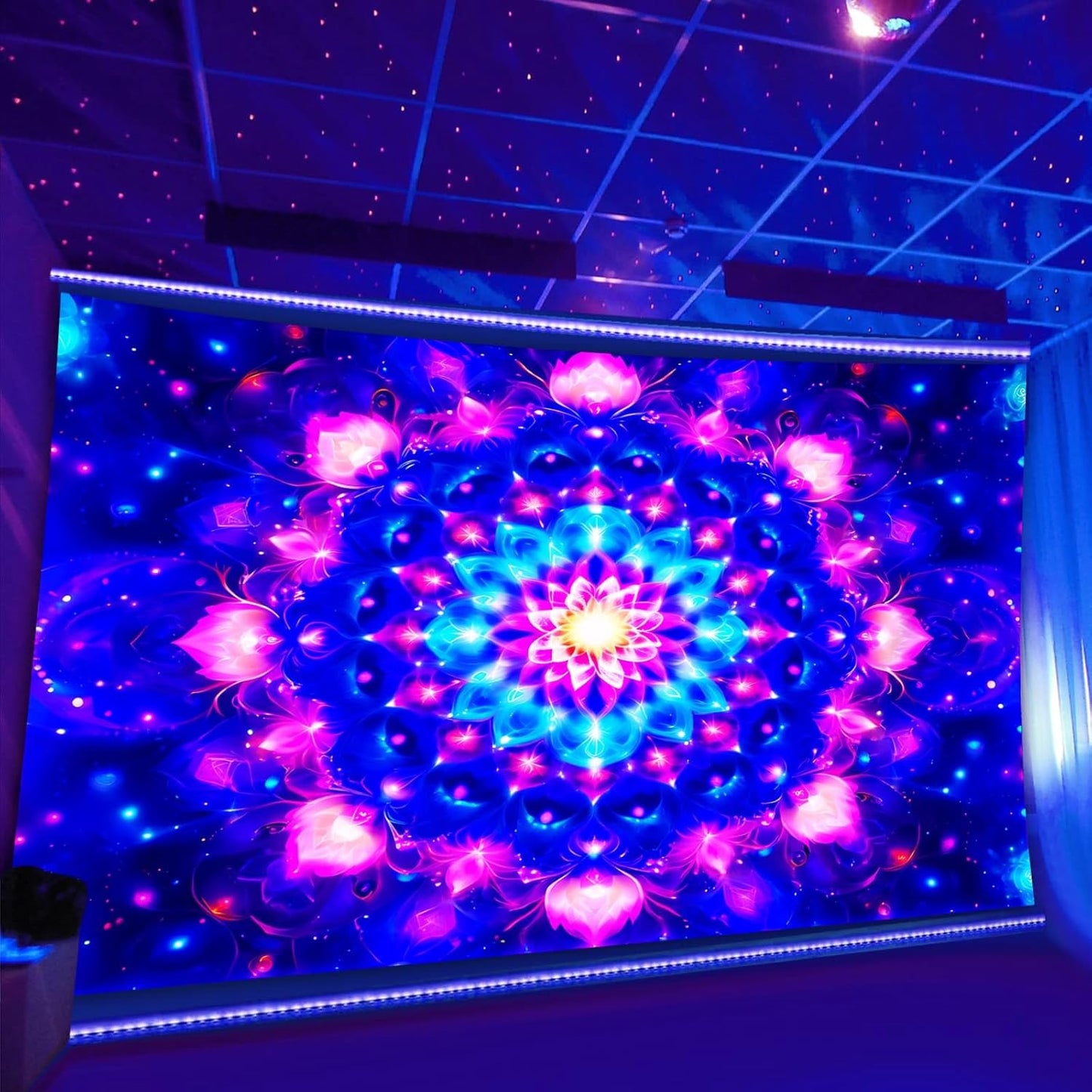 PSYHILAR Blacklight Mandala Tapestry for Bedroom, Psychedelic Black Light Posters for Adults and Teens, Colorful UV Reactive Aesthetic Bohemian Art Wall Hanging Decor (80 x 60 Inches)