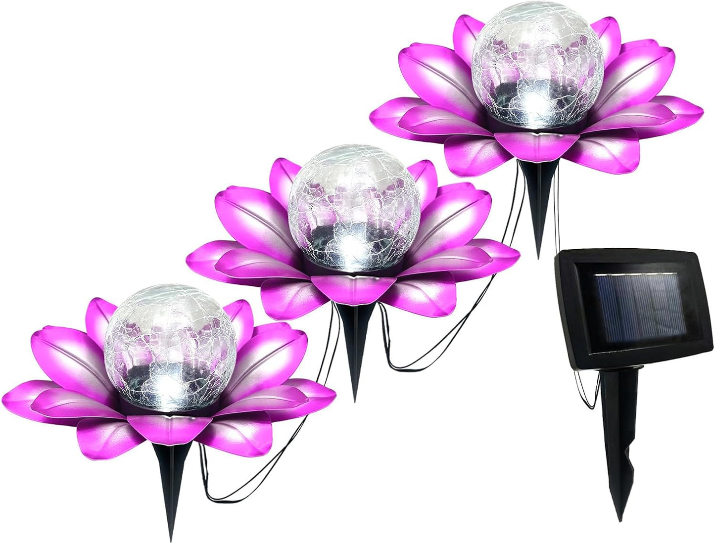 LEWIS&WAYNE Solar Garden Lights Outdoor, 3 Pcs Purple Lotus Flower Pathway Lamps with Cool White Crackle Glass Globe Led Lights for Patio Pathway Yard Balcony Garden Decorations