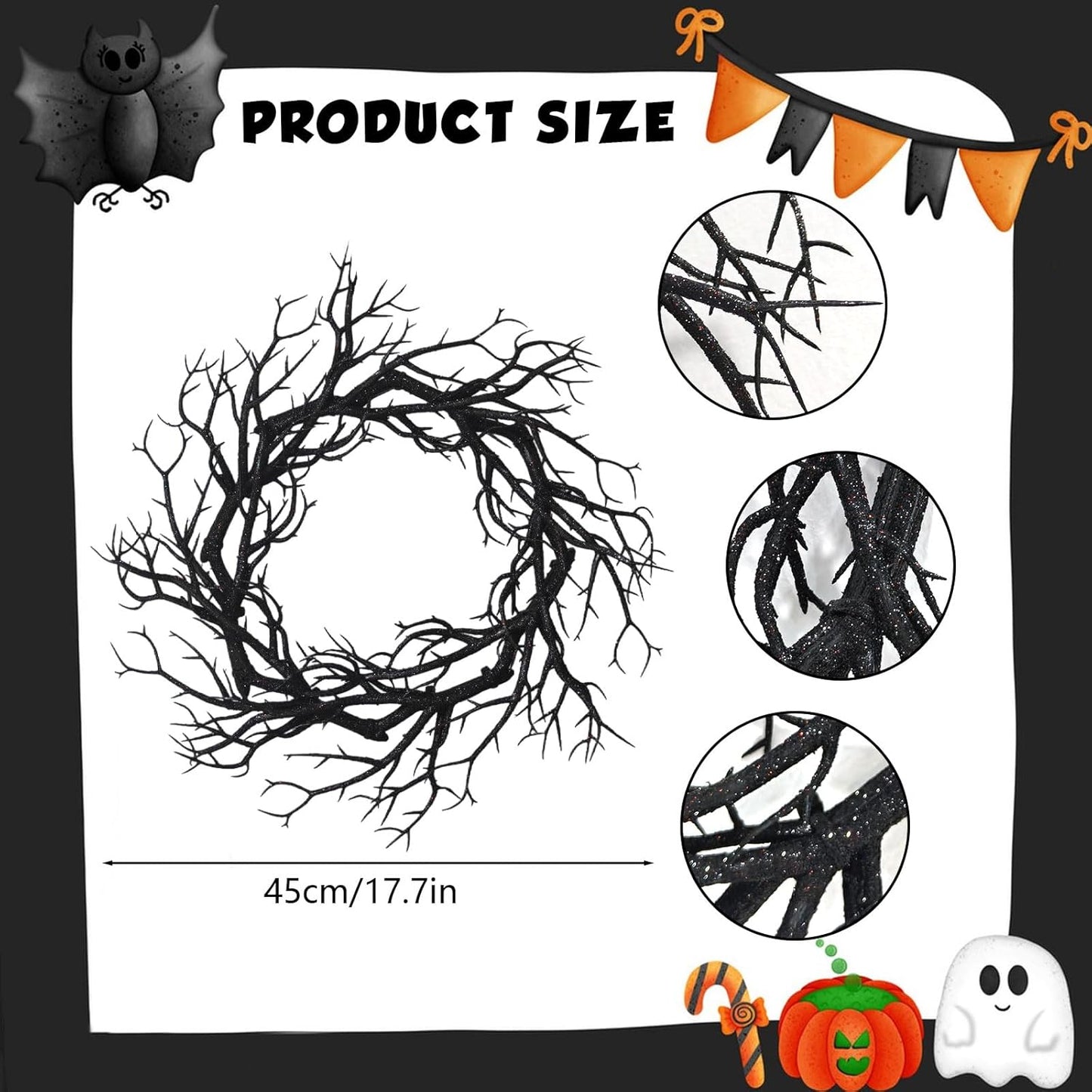 Halloween Black Branch Wreath - 16.5 Inch Glitter Black Twig Halloween Wreaths with Red Lights for Front Door Indoor Outdoor Party Window Wall Decor Farmhouse Garland Yard