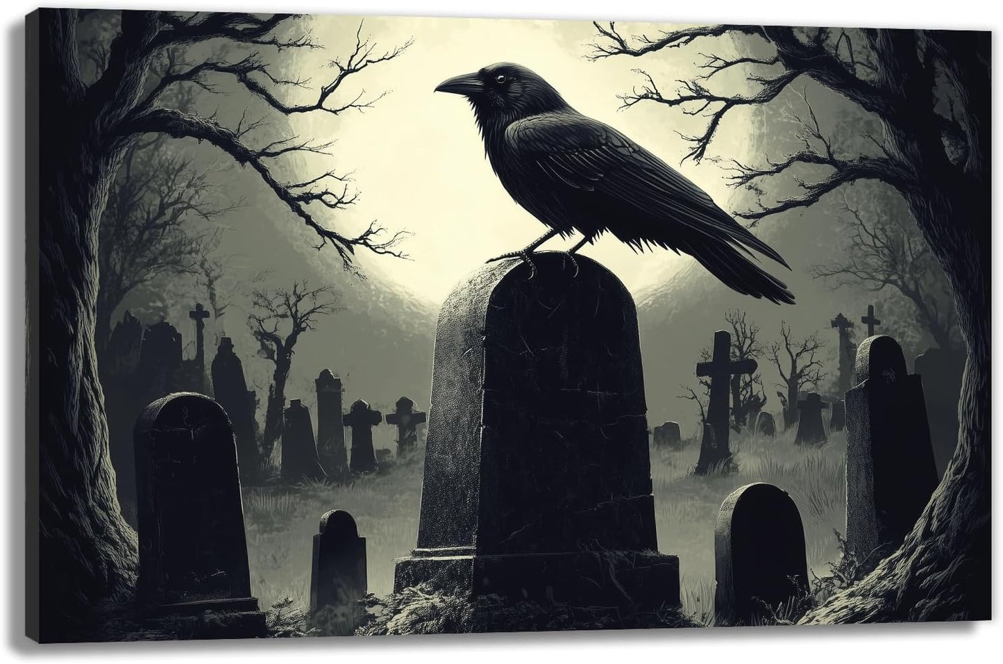 Crow Canvas Wall Art Gothic Black Bird On Branch Painting Print Spooky Forest Full Moon Scenery Poster Artwork Framed Halloween Home Decor(Artwork-3,12"x18")