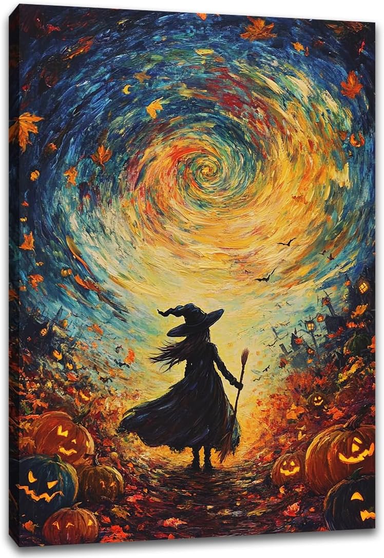 Halloween Autumn Witchy Decor Wall Art Prints,Gothic Witch in Whirlwind Autumn with Pumpkins Scene Pictures Poster,Fall Festival Home Decor Painting Canvas Poster for Bedroom Bathroom,8"x12" Framed
