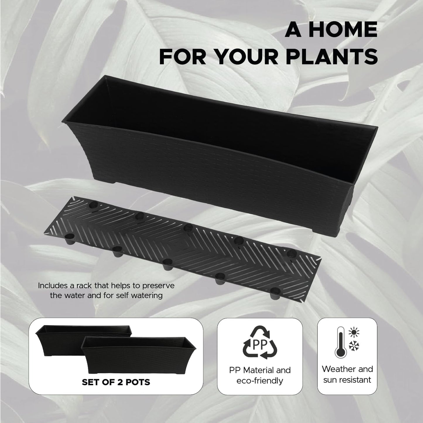 Elly Décor Set of 2 18x8 Rectangular Modern, Resistant and Self Watering Planter with Rattan-Like Finish, 18", Gray