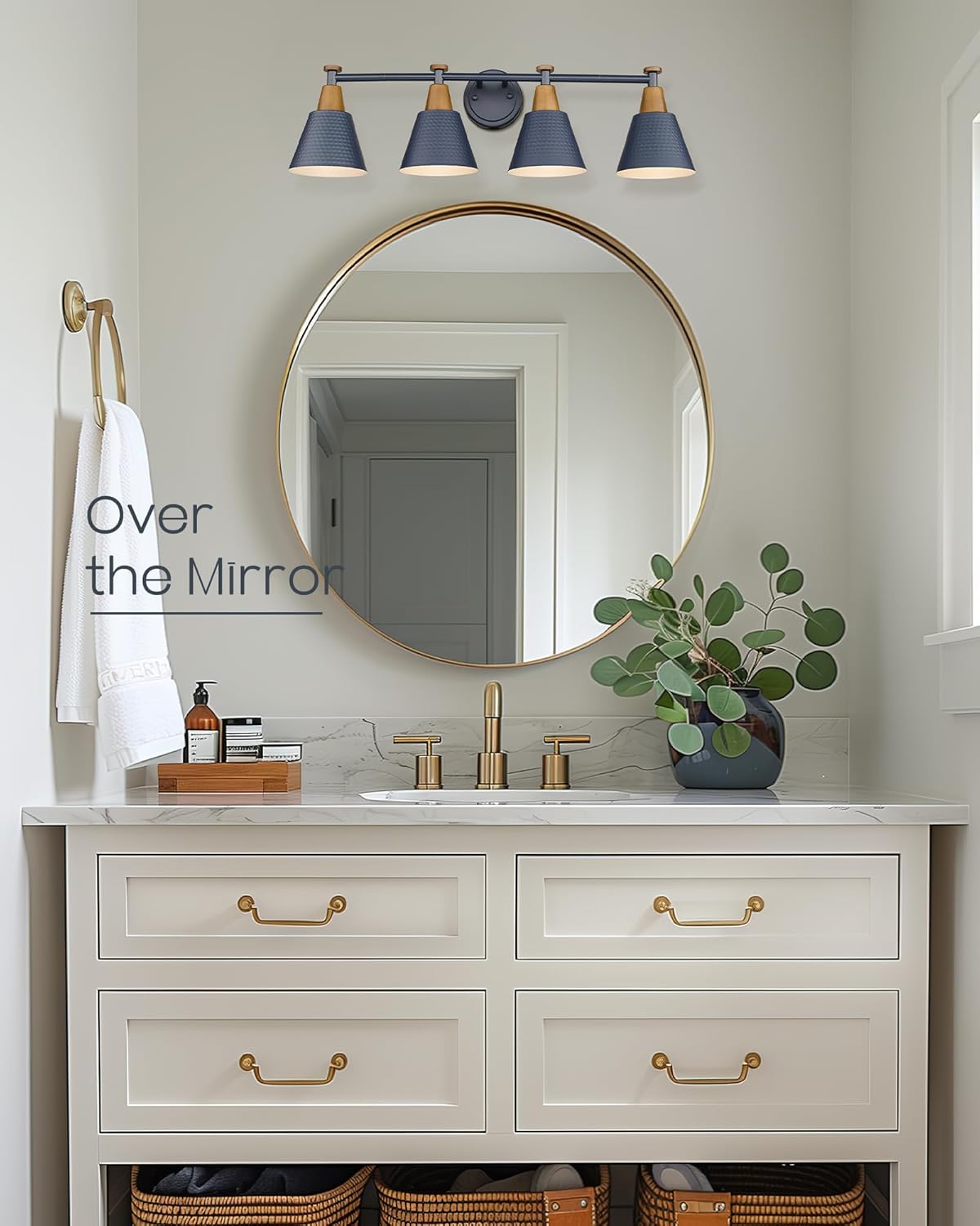 FEMILA 4-Light Bathroom Light Fixtures, Farmhouse Modern Vanity Lights Wall Lamp with Hammered Metal Shade Finish, Dark Blue, 4FG59B-4W Blue