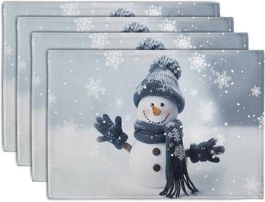 Snowman Placemats Set of 4, 12x18 Inch Winter Cute Blue Snowman Snowflake Table Mats Seasonal Christmas Holiday Washable Linen Fabric Place Mats for Farmhouse Party Kitchen Dining Decor