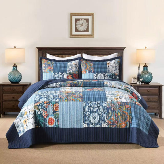 Autumn Dream Cotton Bedspread Quilt Sets Reversible Bedding Coverlet Sets, Luxury Vintage Paisley Floral Patchwork Blue Bedspread, Queen Size