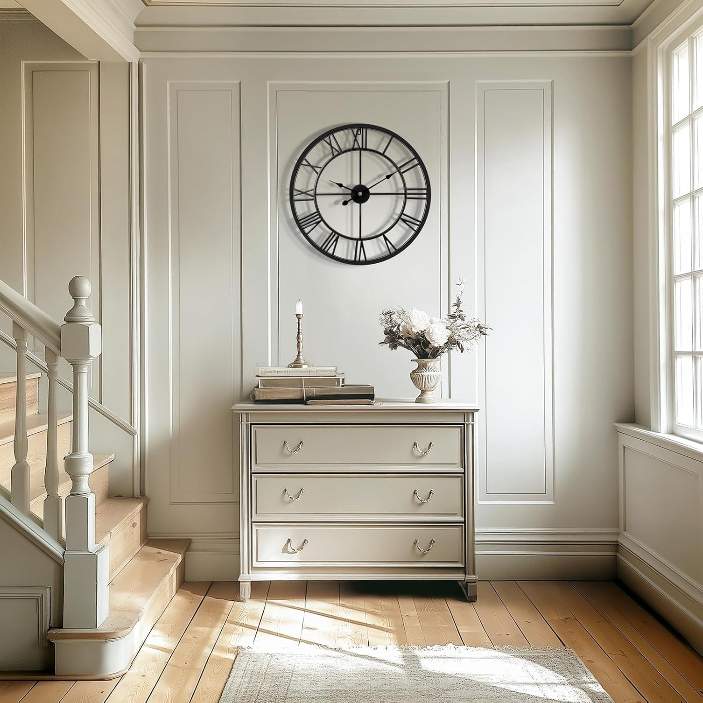 Tatub 24 Inch Large Wall Clock for Living Room Decor, Roman Numeral Modern Round Decorative Metal Large Wall Clock for Bedroom and Kitchen, Silent, Non Ticking, Battery Operated