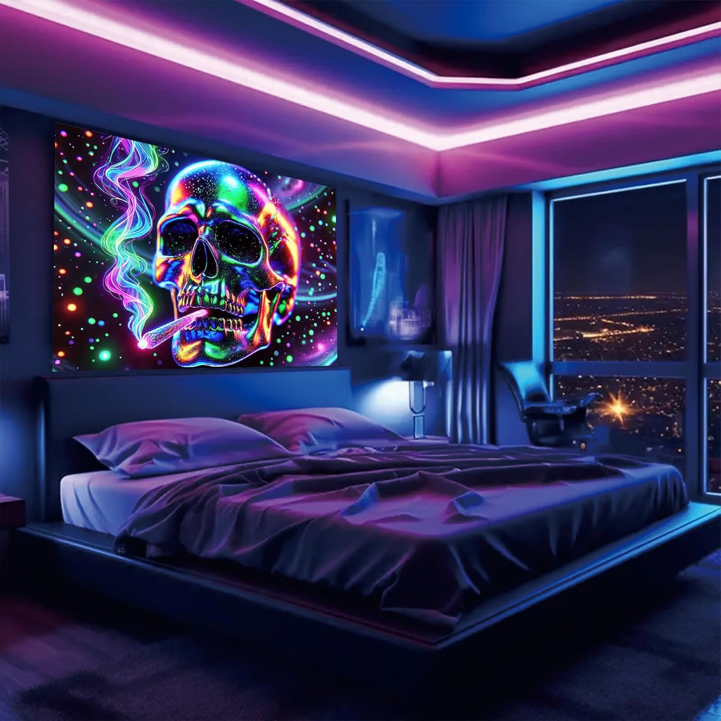 Starlit Patio Blacklight Skull Tapestry UV Reactive 78 x 59 Inch Glow In The Dark Tapestry Halloween Funny Skeleton Tapestries Posters Wall Hanging for for Bedroom Living Room Dorm