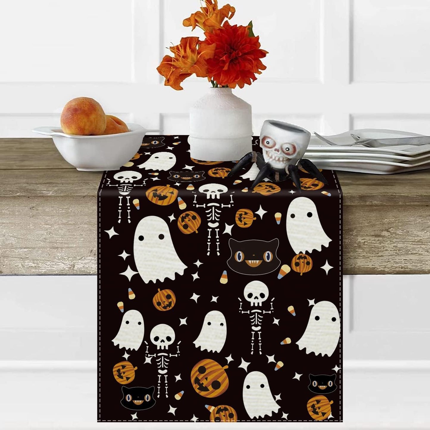 GAGEC Halloween Table Runner Black Cat Pumpkins Seasonal Kitchen Dining Table Home Outdoor Party Decorations (13'' x 60'')