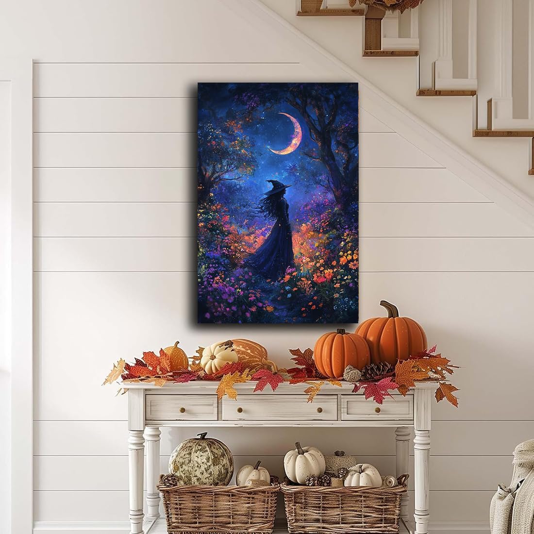 Vintage Halloween Witch Decor Mystic Gothic Wall Art Poster,Enchanting Witch Fall Whimsical Wildflowers Woodland Forest Crescent Moon Picture Art,Creepy Witchy Home Decor,16"x24" Framed