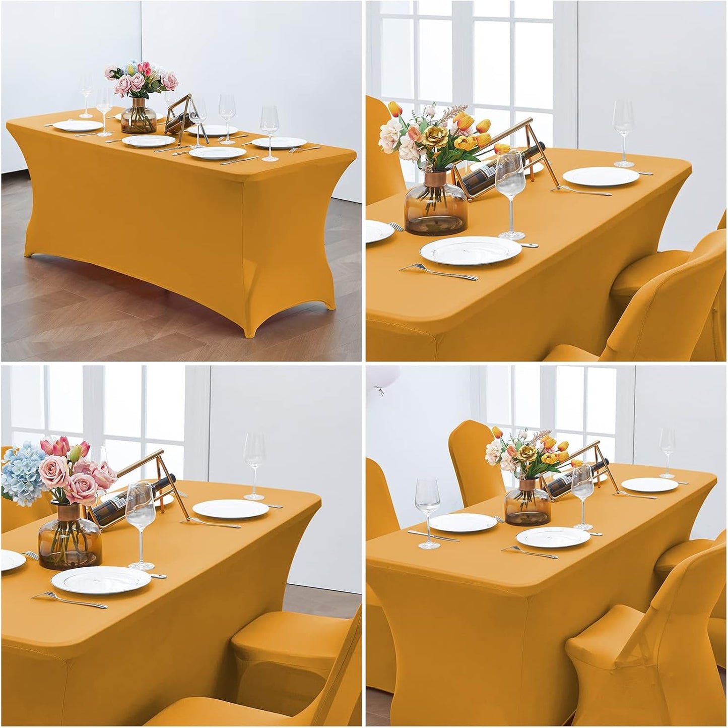 CWK 6FT Waterproof Stretch Spandex Table Cover for Rectangular Tables - Elastic Fitted Tablecloth for Folding Tables,Wrinkle Resistant Table Cloth for Parties, Weddings, Banquets & Events (Gold)